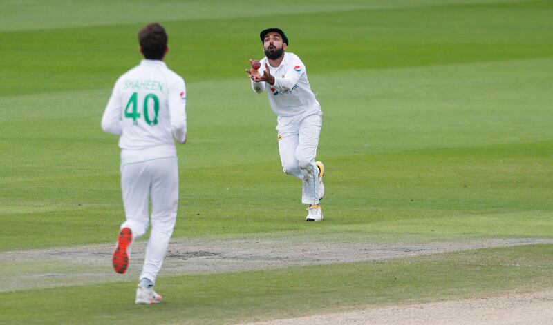 Shadab Khan of Pakistan takes the catch of Ollie Pope. Getty