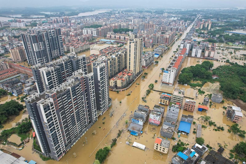 Flooded streets after heavy rain in Qingyuan city, in China’s southern Guangdong province. AFP