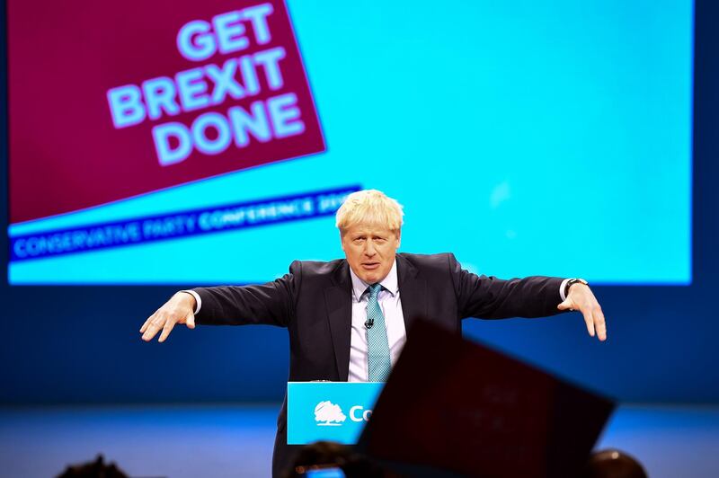 MANCHESTER, ENGLAND - OCTOBER 02: Prime Minister Boris Johnson delivers his keynote speech on day four of the 2019 Conservative Party Conference at Manchester Central on October 2, 2019 in Manchester, England. The U.K. government prepares to formally submit its finalised Brexit plan to the EU today. The offer replaces the Northern Irish Backstop with border, customs and regulatory checks lasting until 2025. (Photo by Jeff J Mitchell/Getty Images)