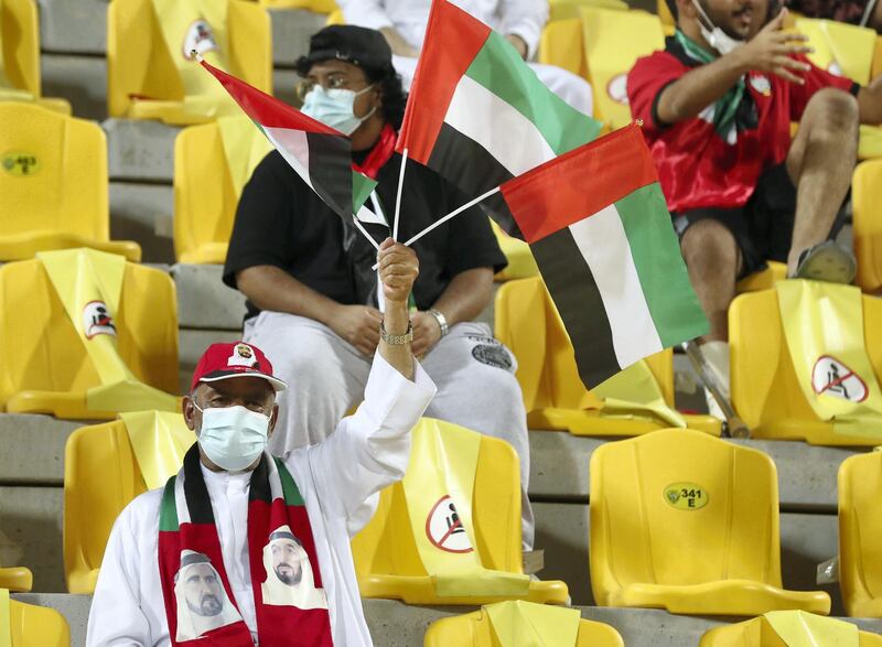 UAE fans before the game between the UAE and Thailand in the World cup qualifiers at the Zabeel Stadium, Dubai on June 7th, 2021. Chris Whiteoak / The National. 
Reporter: John McAuley for Sport