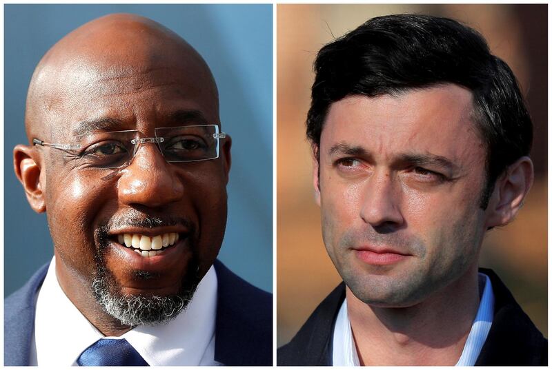 Democratic U.S. Senate candidates Rev. Raphael Warnock and Jon Ossoff are seen in a combination of file photographs as they campaign on election day in Georgia's U.S. Senate runoff election, in Marietta and Atlanta, Georgia, U.S., January 5, 2021. Pictures taken January 5, 2021.  REUTERS/Mike Segar, Brian Snyder