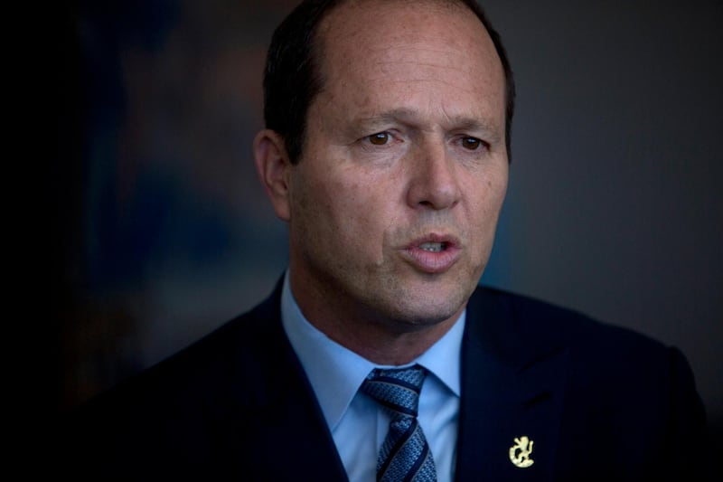 File - In this Tuesday, April 25, 2017 file photo, Jerusalem Mayor, Nir Barkat speaks during an interview with the Associated Press at his office in Jerusalem. Brake is calling on the international community to consider his proposal to end the local operations of the U.N. agency for Palestinian refugees, saying there is "no such thing" as a refugee in the city. (AP Photo/Sebastian Scheiner, File)