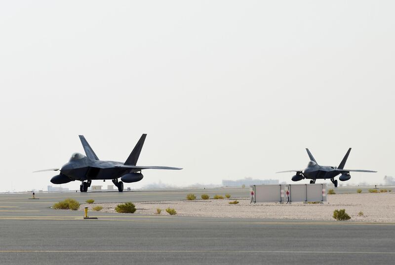 U.S. Air Force F-22 Raptors arrive at Al Udeid Air Base, Qatar, June 27, 2019. These aircraft are deployed to Qatar for the first time in order to defend American forces and interests in the U.S. Central Command area of responsibility. (U.S. Air Force photo by Tech. Sgt. Nichelle Anderson)