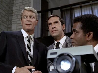 Peter Graves as Jim Phelps, Martin Landau as Rollin Hand and Greg Morris as Barney Collier in the Mission: Impossible series from 1966. Photo: CBS
