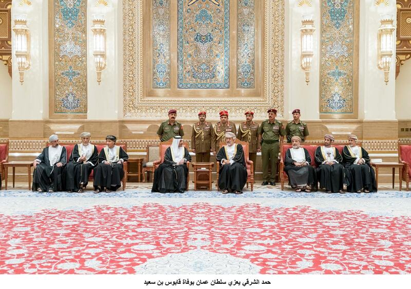 HH Sheikh Hamad bin Mohamed Al Sharqi, UAE Supreme Council Member and Ruler of Fujairah (4th L), offers condolences to HM Sayyid Haitham Bin Tariq Al Said, Sultan of Oman/ Ministry of Presidential Affairs.  WAM
---