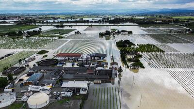 An aerial view shows a flooded pig farm and surrounding fields in the town of Lugo. AFP 
