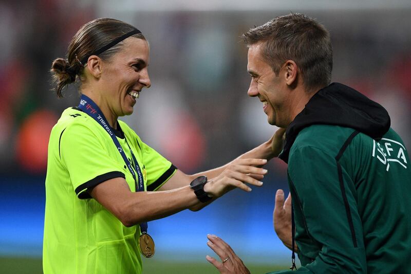 Stephanie Frappart is congratulated after the UEFA Super Cup. AFP