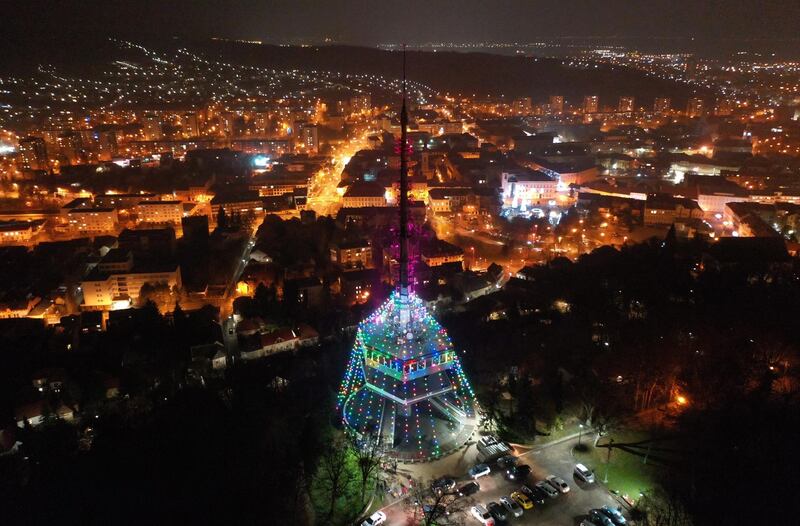 The Avasi lookout tower is decorated with Christmas lights in Miskolc, Hungary.  EPA