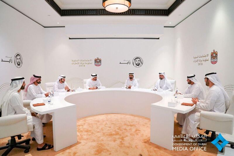 Sheikh Mohamed bin Zayed and Sheikh Mohammed bin Rashid meet at the leaders' forum on Saadiyat Island. Courtesy: Dubai Media Office