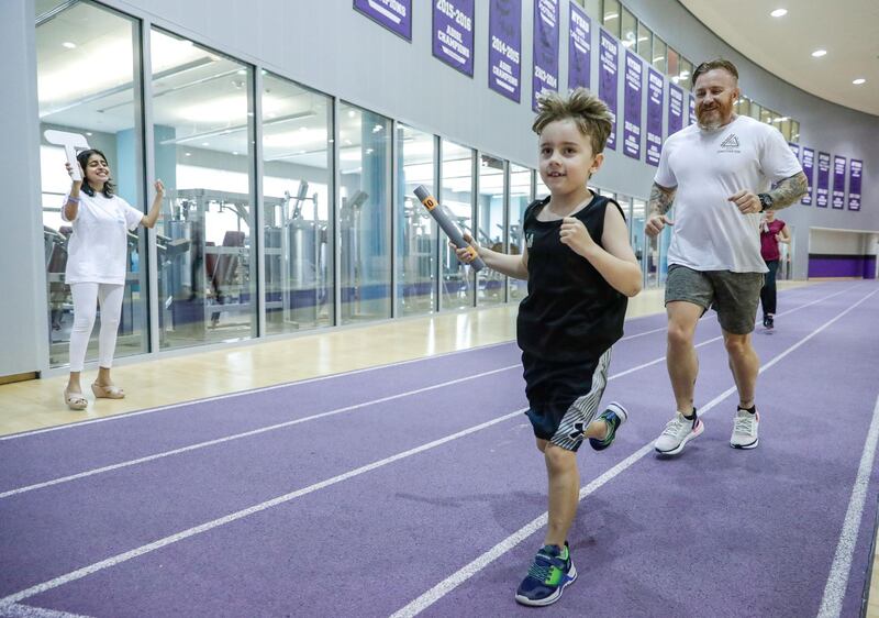 Abu Dhabi, United Arab Emirates, June 20, 2019.  Refugee day relay at NYUAD 
One of the participants has set his personal goal for the relay race at 40-50kms. He will be running from 7am-10am and then again in the afternoon from 4pm onwards. --  Participants of the relay in action.
Victor Besa/The National
Section:  NA
Reporter:  Haneen Dajani