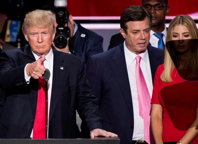 UNITED STATES - JULY 12: GOP nominee Donald Trump, flanked from left by campaign manager Paul Manafort, and daughter Ivanka Trump, checks the podium early Thursday afternoon in preparation for accepting the GOP nomination to be President at the 2016 Republican National Convention in Cleveland, Ohio on Thursday July 21, 2016. (File Photo By Bill Clark/CQ Roll Call)