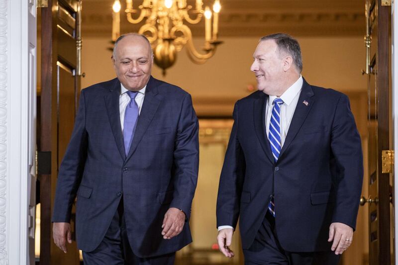 WASHINGTON, DC - DECEMBER 09: U.S. Secretary of State Mike Pompeo (R) meets with Egyptian Foreign Minister Sameh Shoukry at the U.S. Department of State on December 9, 2019 in Washington, DC.   Samuel Corum/Getty Images/AFP
== FOR NEWSPAPERS, INTERNET, TELCOS & TELEVISION USE ONLY ==
