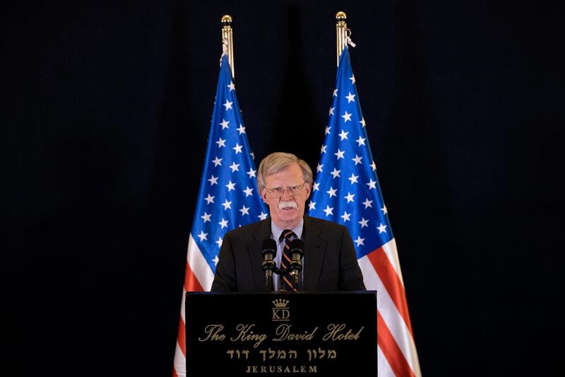 U.S. national security adviser John Bolton gives a media conference in Jerusalem, Israel, Wednesday Aug. 22, 2018. Bolton has conducted high level diplomatic meetings during his visit to Israel. (Abir Sultan/Pool via AP)