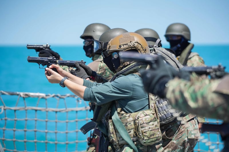 Romanian navy special forces take part in a shooting drill on the ‘King Ferdinand’ frigate in a Black Sea military exercise near Constanta, Romania. AFP