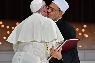 Pope Francis and Sheikh Ahmed Al Tayeb, Grand Imam of Al Azhar, embrace at the signing of the Document on Human Fraternity in Abu Dhabi. AFP