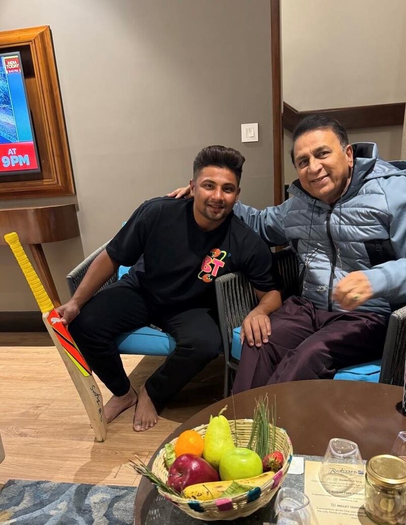 Sarfaraz Khan met with former India captain and opener Sunil Gavaskar during the Dharamsala Test against England last week. Photo: Shyam Bhatia