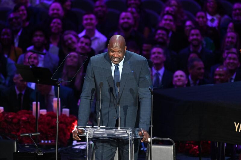 Kobe's teammate Shaquille O'Neal speaks to the audience during the memorial to celebrate the life of Kobe Bryant and daughter Gianna Bryant at Staples Center. USA TODAY Sports
