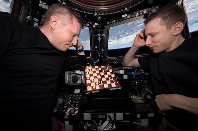 Nasa astronaut Stephen Bowen and Russian cosmonaut Andrey Fedyaev playing chess on ISS. Image: Nasa