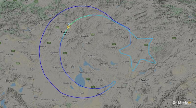 Turkish Airlines flight TK1920, on a round-trip from Ankara Esenboga Airport, drew the world's largest national flag on April 23, 2020. Courtesy FlightRadar24