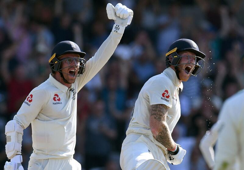 Ben Stokes and Jack Leach react after England won the third Ashes Test. AFP