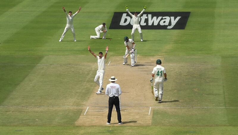 England bowler James Anderson successfully appeals for the wicket of Keshev Maharaj. Getty