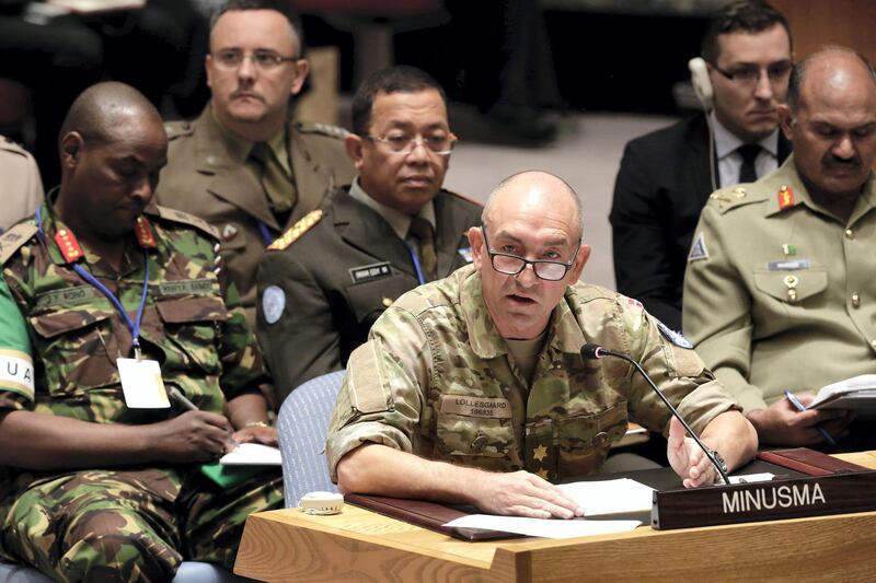 17 June 2015. Major General Michael Lollesgaard, Force Commander of the United Nations Multidimensional Integrated Stabilization Mission in Mali (MINUSMA), briefs the Security Council at its meeting on UN peacekeeping operations. UN Photo/Evan Schneider