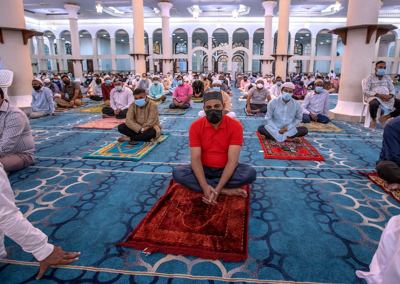 Eid Al Adha morning prayers at Sheikh Hazza Bin Sultan Mosque on Electra Street in Abu Dhabi.