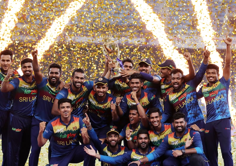 Sri Lanka celebrate after beating Pakistan in the Asia Cup final.