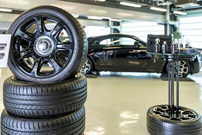 Rolls-Royce wheels on display in the service clinic. Courtesy Abu Dhabi Motors