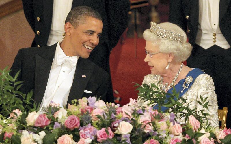 LONDON, ENGLAND - MAY 24:  U.S. President Barack Obama and Queen Elizabeth II during a State Banquet in Buckingham Palace on May 24, 2011 in London, England. The 44th President of the United States, Barack Obama, and his wife Michelle are in the UK for a two day State Visit at the invitation of HM Queen Elizabeth II. During the trip they will attend a state banquet at Buckingham Palace and the President will address both houses of parliament at Westminster Hall. (Photo by Lewis Whyld - WPA Pool/Getty Images)