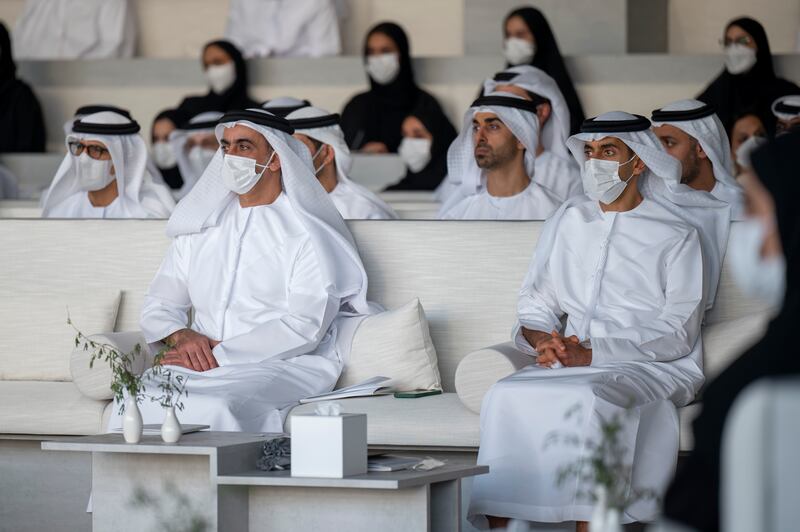 Sheikh Saif bin Zayed, Deputy Prime Minister and Minister of Interior, front left, with Sheikh Khaled bin Zayed, chairman of the board of Zayed Higher Organisation for Humanitarian Care and Special Needs, front right, at Majlis Mohamed bin Zayed.