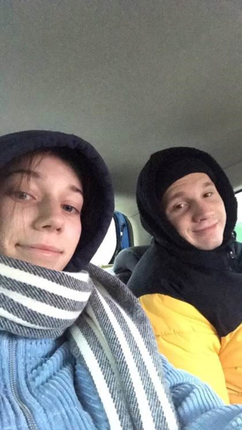 Mr Tereshchenko with his girlfriend in the car on a 10-day journey to Poland. Photo: Viktor Tereshchenko
