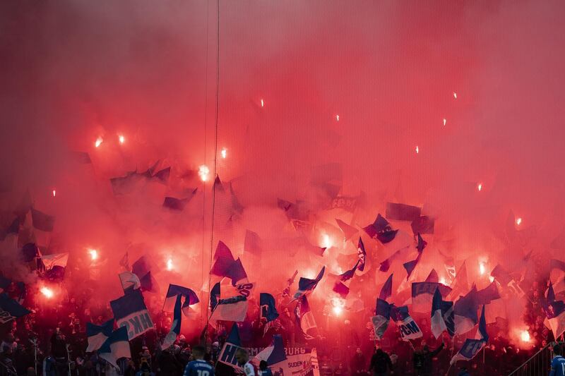 FC Magdeburg fans create an atmosphere during their Second Bundesliga match against FC Union Berlin. Getty