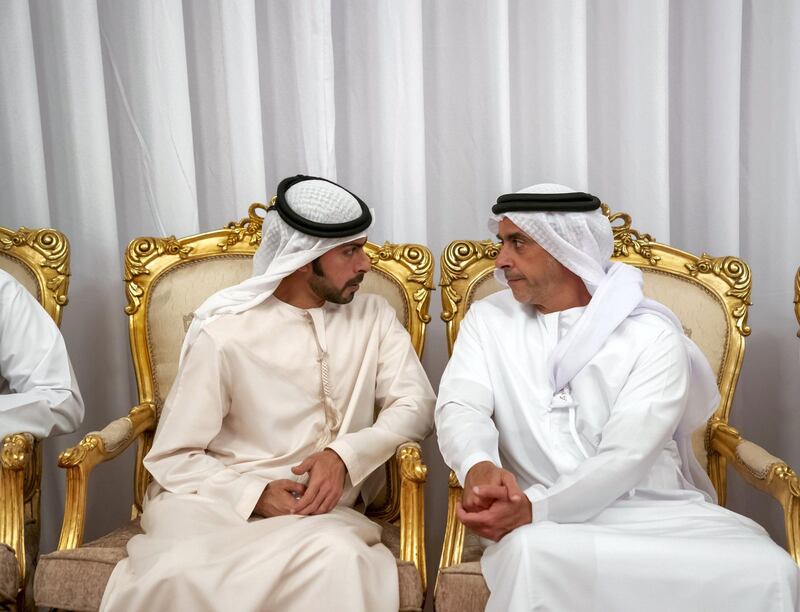 BANIYAS, ABU DHABI, UNITED ARAB EMIRATES - September 15, 2019: HH Lt General Sheikh Saif bin Zayed Al Nahyan, UAE Deputy Prime Minister and Minister of Interior (R) and HH Sheikh Khalifa bin Tahnoon bin Mohamed Al Nahyan, Director of the Martyrs' Families' Affairs Office of the Abu Dhabi Crown Prince Court (L), offer condolences to the family of martyr Warrant Officer Saleh Hassan Saleh bin Amro.

( Mohamed Al Hammadi / Ministry of Presidential Affairs )
---