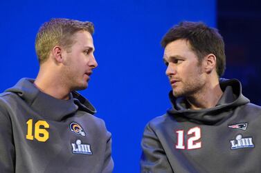 Tom Brady, right, goes for a sixth Super Bowl title with the New England Patriots on Sunday, but standing in his way is the Los Angeles Rams, who have Jared Goff, left, as their quarterback. USA Today Sports