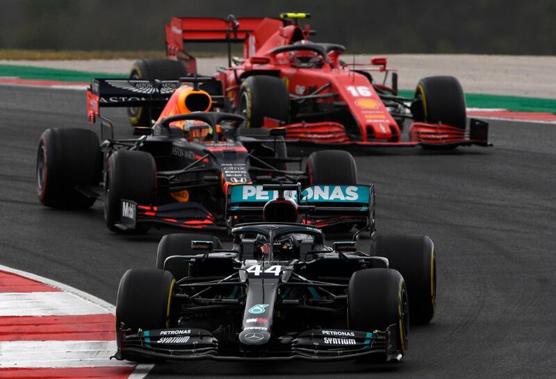 Lewis Hamilton ahead of Red Bull's Max Verstappen and Charles Leclerc of Ferrari. PA