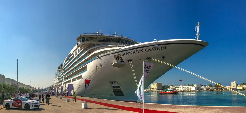 Luxury cruise ship 'Seabourn Ovation' arrives at Ras Al Khaimah's port in 2019.