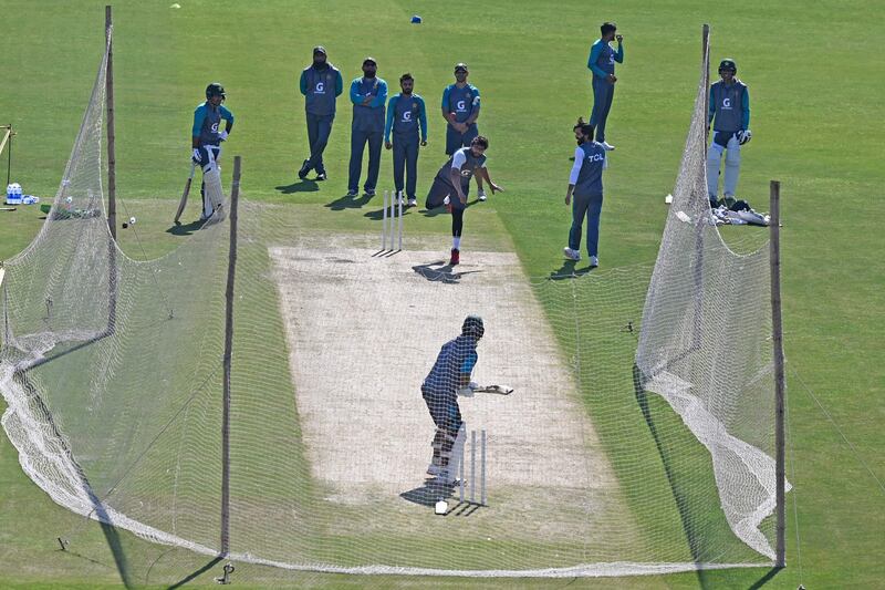 Pakistan players during a practice session at the Rawalpindi Cricket Stadium ahead of their three-match Test series against Australia which begins on March 4. AFP