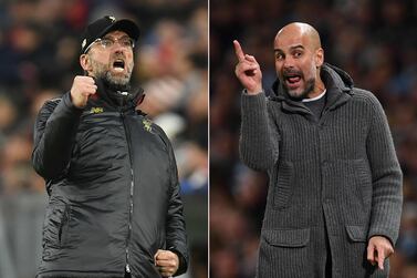 A combination of file pictures created in London on August 7, 2019 shows Liverpool's German manager Jurgen Klopp (L) celebrating after his side scored the opening goal during the UEFA Champions League, last 16, second leg football match against Bayern Munich in Munich, southern Germany, on March 13, 2019 and Manchester City's Spanish manager Pep Guardiola gestures from the touchline during the English Premier League football match between Manchester City and Leicester City at the Etihad Stadium in Manchester, north west England, on May 6, 2019.  - Liverpool's quest for a quadruple and Manchester City's bid to match Manchester United's historic treble of 1999 are on a collision course over the next two weeks.  (Photo by Christof STACHE and Paul ELLIS  /  AFP)