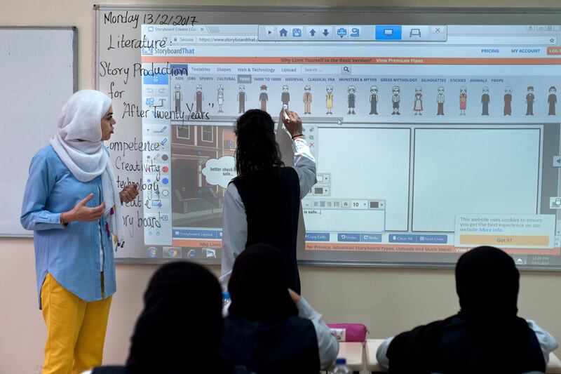 ABU DHABI, UNITED ARAB EMIRATES - - -  13 February 2017 --- Students in various grade levels are all using the Epson projectors in conjunction with new forms of interactive technology.  Al Ittihad National Private School is developing their "smart classrooms" and have equipped their classrooms with Epson projectors to use rather than traditional school chalkboards or whiteboards.   (  DELORES JOHNSON / The National  )  
ID:  27401
Reporter:  Roberta Pennington
Section: NA *** Local Caption ***  DJ-130217-NA-SchoolTour-27401-008.jpg