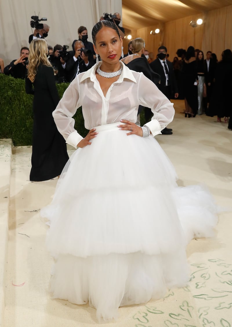 Alicia Keys in a white AZ Factory creation at the 2021 Met Gala. Reuters
