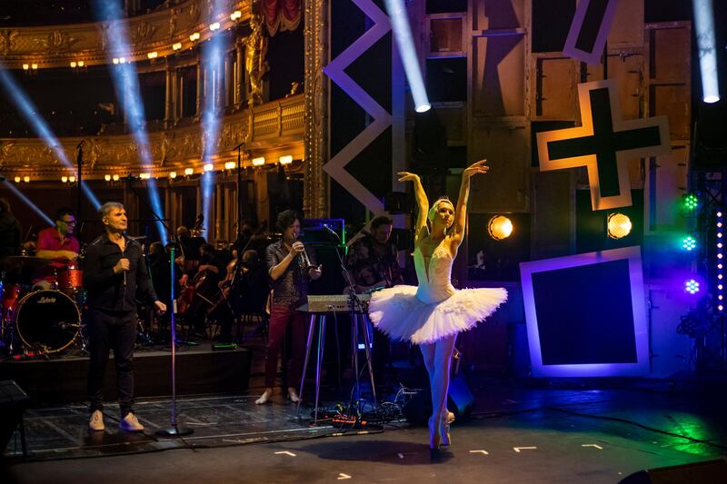 Nikola Marova, first soloist of The Czech National Ballet, and Czech popular band Mig21, performs during a rehearsal for a live broadcast at the National Theatre in Prague, Czech Republic.   EPA