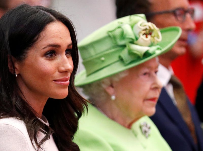 CHESTER, ENGLAND - JUNE 14:  Queen Elizabeth II and Meghan, Duchess of Sussex visits the Storyhouse on June 14, 2018 in Chester, England. Meghan Markle married Prince Harry last month to become The Duchess of Sussex and this is her first engagement with the Queen. During the visit the pair will open a road bridge in Widnes and visit The Storyhouse and Town Hall in Chester.  (Photo by Phil Noble - WPA Pool/Getty Images)