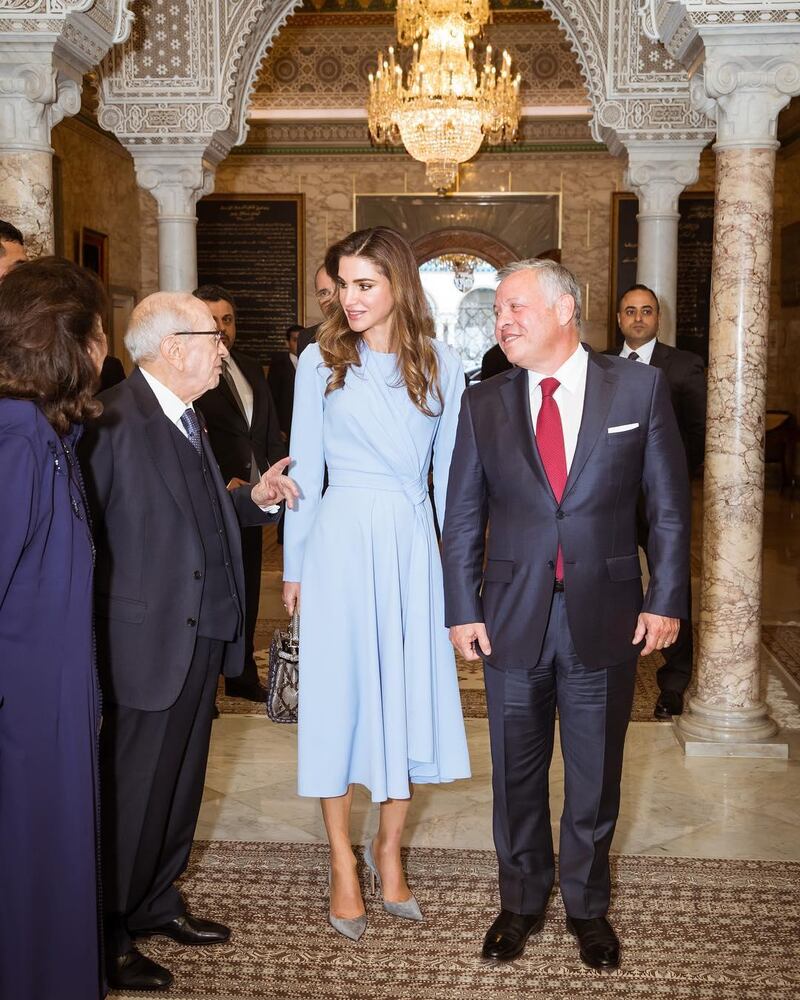 Queen Rania and King Abdullah II with Tunisian President Beji Caid Essebsi, and first lady Chadlia Saida Farhat. Courtesy Queen Rania / Instagram