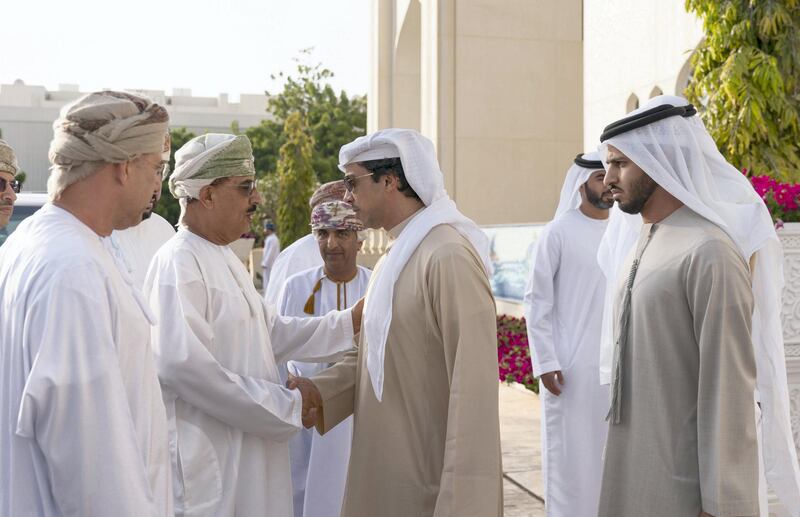 MUSCAT, OMAN - December 12, 2019: HH Sheikh HH Sheikh Mansour bin Zayed Al Nahyan, UAE Deputy Prime Minister and Minister of Presidential Affairs (3rd L) offers condolences to Abdullah bin Ali Al Araimi (2nd L), on the death of his son Muhammad.  Seen with HH Sheikh Zayed bin Hamad bin Hamdan Al Nahyan (R). 

( Mohamed Al Hammadi / Ministry of Presidential Affairs )
---