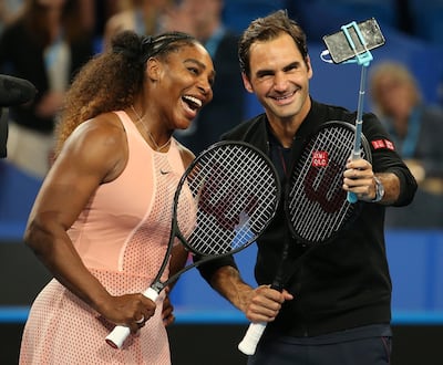 PERTH, AUSTRALIA - JANUARY 01: Serena Williams of the United States and Roger Federer of Switzerland take a selfie following their mixed doubles match during day four of the 2019 Hopman Cup at RAC Arena on January 01, 2019 in Perth, Australia. (Photo by Paul Kane/Getty Images)