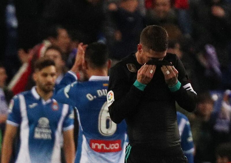 Soccer Football - La Liga Santander - Espanyol vs Real Madrid - RCDE Stadium, Barcelona, Spain - February 27, 2018   Real Madrid’s Sergio Ramos looks dejected after Espanyol’s Gerard Moreno scores their first goal    REUTERS/Sergio Perez