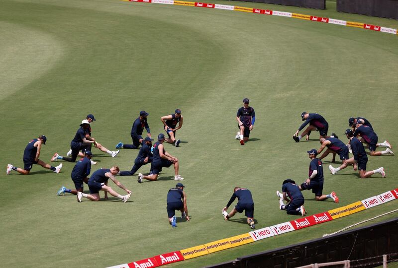 England's players stretch during their practice session. Reuters
