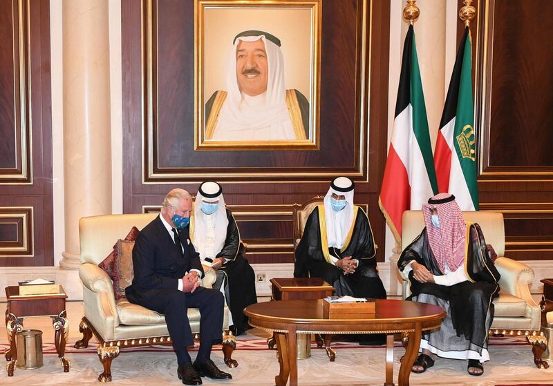 Emir Sheikh Nawaf Al Sabah receiving condolences from Britain's Prince Charles, Prince of Wales, in Kuwait City. AFP