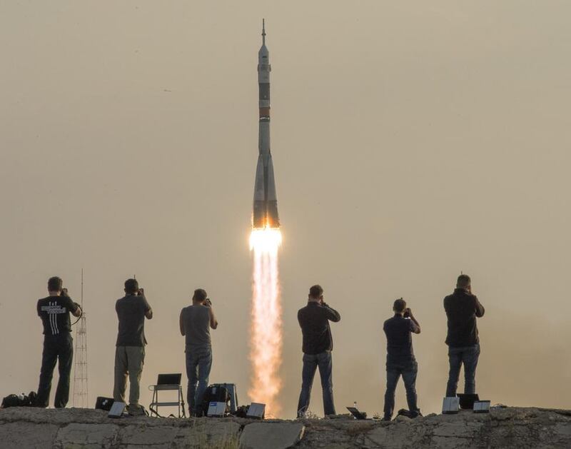 In this handout provided by Nasa, the Soyuz MS-01 spacecraft launches from the Baikonur Cosmodrome with Expedition 48-49 crewmembers Kate Rubins of Nasa, Anatoly Ivanishin of Roscosmos and Takuya Onishi of the Japan Aerospace Exploration Agency onboard. Rubins, Ivanishin, and Onishi will spend approximately four months on the orbital complex, returning to Earth in October. Bill Ingalls / Nasa via Getty Images